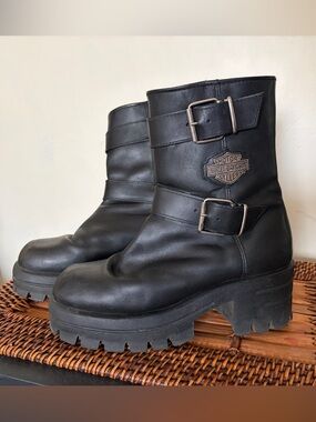 SOLD Harley-Davidson Black Leather Buckle Platform Ankle Boots 8.5